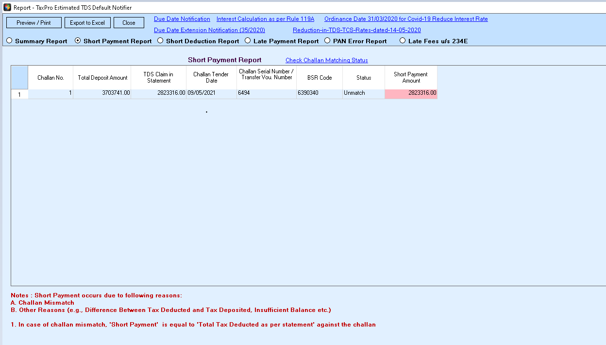 Short Payment Report