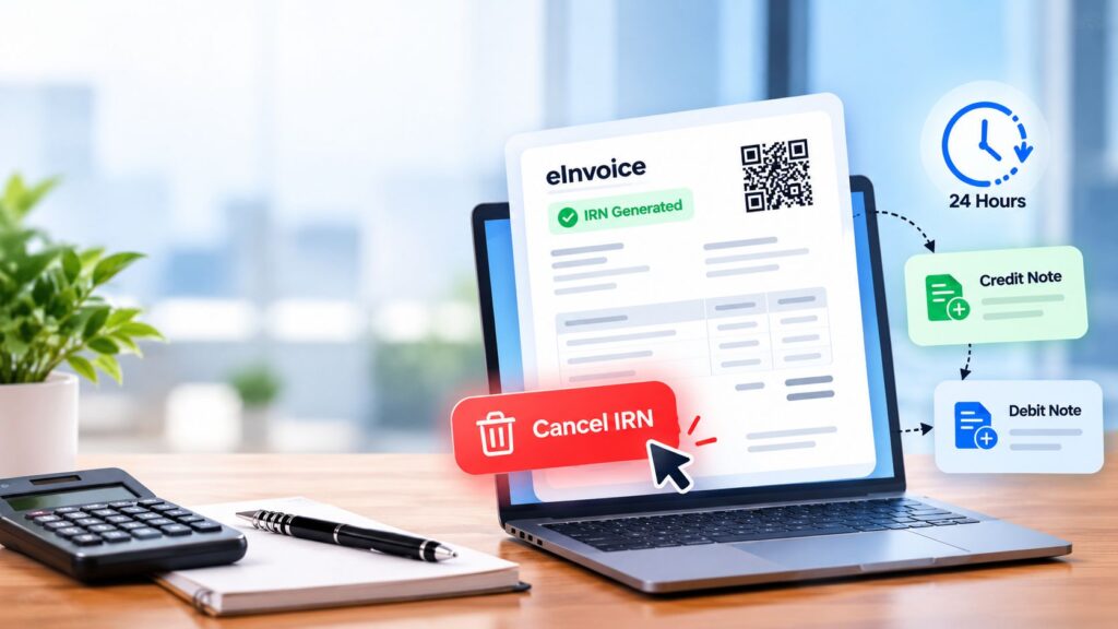 How to cancel or amend an eInvoice after IRN generation, explaining the 24-hour cancellation rule, credit notes, and debit notes